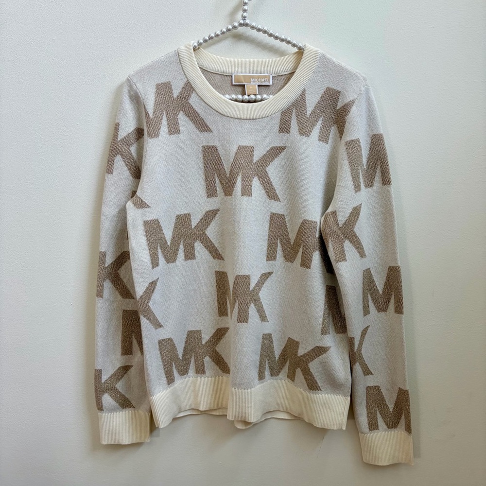Michael Kors Women’s Cream & Taupe MK Logo Sweater